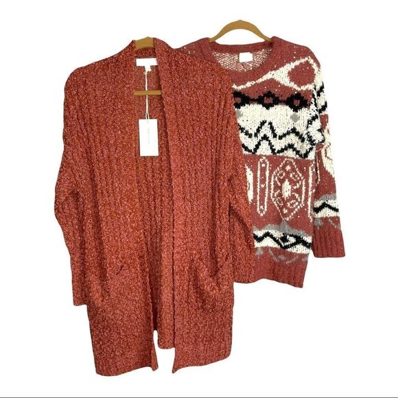 Reborn J Sweaters - 𝅺LONG Cardigan In Ribbed Popcorn Knit in Rust
